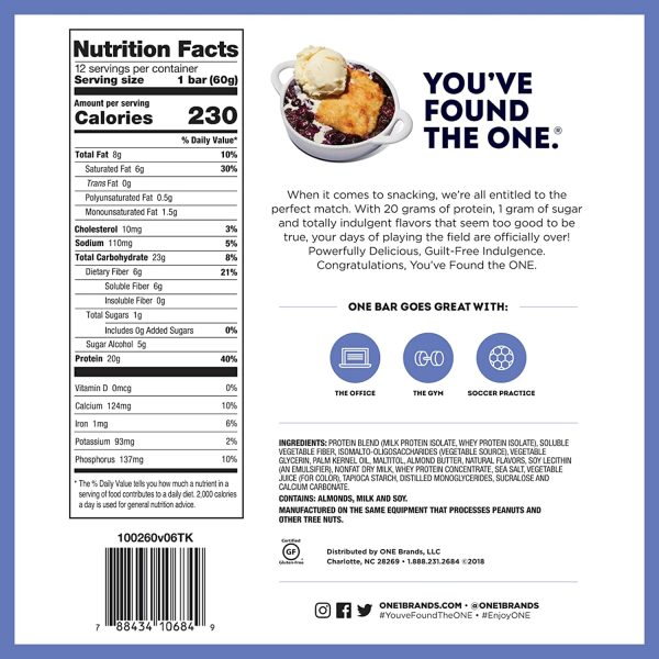 ONE Protein Bars, Blueberry Cobbler,  Protein Bars with 20g Protein and only 1g Sugar, Snacking for High in Protein Diets, 60g (12 Pack) [Packaging May Vary]