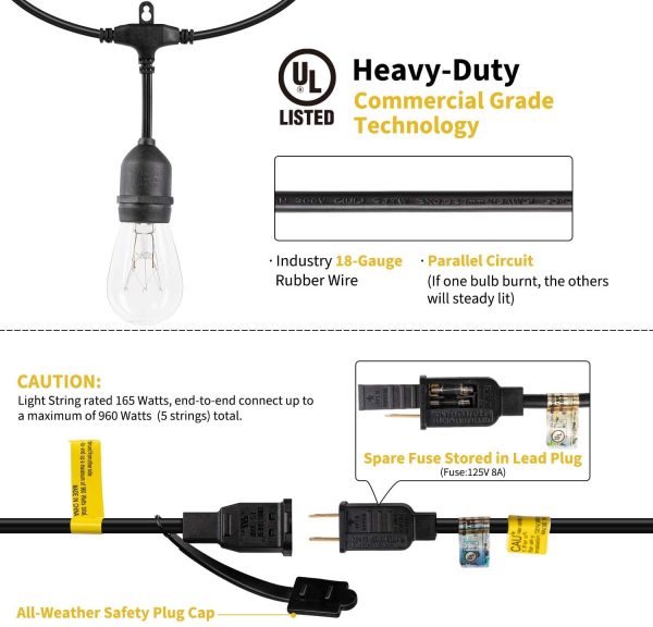 Brightown Outdoor Patio String Lights 48Ft Weatherproof Commercial Grade Hanging Lights with 15 S14 Edison Bulbs, UL Listed Connectable Strand for Backyard Porch Bistro Tent Party, E26 Base, Black - Image 3