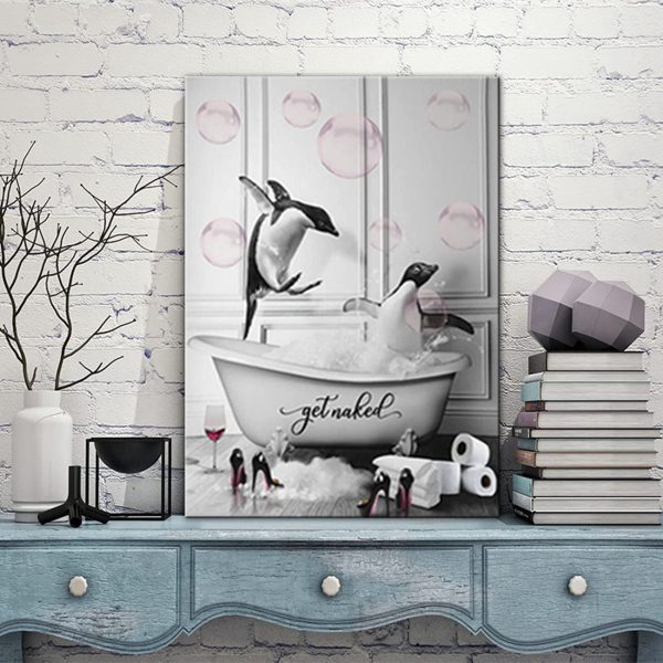 Bathroom Wall Art-Penguins In Bathtub with Pink Bubbles Funny Animals Pictures Wall Decor Black and White Canvas Prints Paintings for Home Decorations Framed Ready To Hang (Poster-1, 12"x18") - Image 5