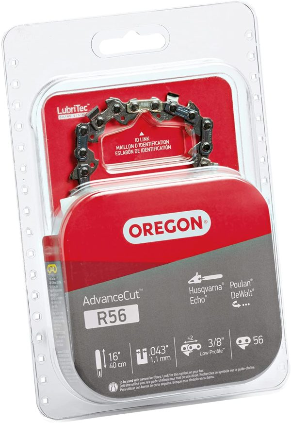 Oregon R56 AdvanceCut Chainsaw Chain for 16-Inch Bar -56 Drive Links ?M?low-kickback chain fits Greenworks, Makita, EGO, DeWalt and more