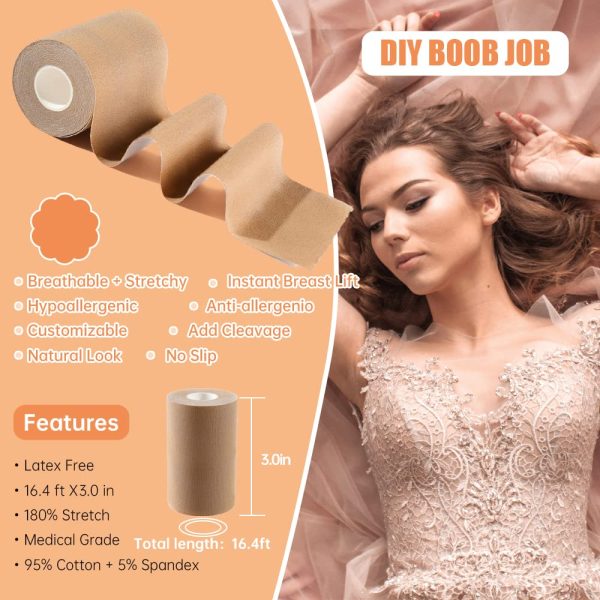 Cindy's Tape Boob Tape Nude Plus for D Cup up Size for Large Size DIY Boob Lift Job Body Tape Breast Lift TapeBra TapeFoot TapeFabric Tape Medical Grade and Waterproof. Kim K's Trick.