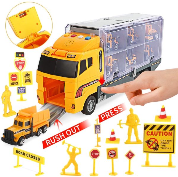 cute stone 25 in 1 Construction Vehicles Trucks Toy Push and Go Car Carrier Truck Toy, Play Vehicles Toy with Sounds and Lights, 12 Mini Diecast Trucks Included - Image 4