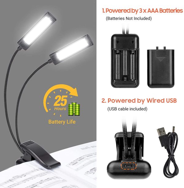 CAHAYA 32 LED Beads Made in USA,Music Stand Light,Reading Lamp in Bed,With Soft Silicone Padded Clamp,3 Lighting Modes 12-Level Brightness,Dual Necks Light up 2 Full Pages,Book Light,Travel Light,Perfect for Bookworms,Kids,Piano Player,USB and AAA Battery Operate,USB Cord Incl CY0243