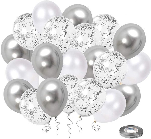 White Silver Confetti Latex Balloons, 50 Pack 12inch Silver Metallic Chrome Party Balloon Set with Silver Ribbon for Wedding Birthday Baby Shower Decorations - Image 2