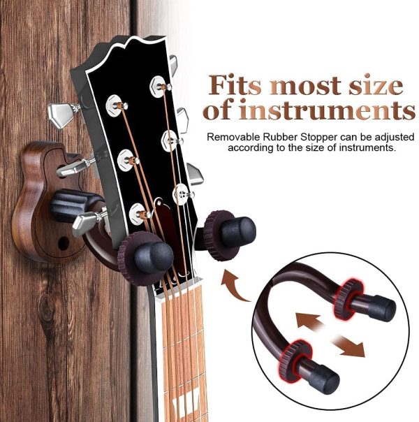 Qoosea Guitar Wall Mount Hanger with 10Pcs Guitar Picks Guitar Wall Hanger Guitar Stand Holder Guitar Shape Walnut Wooden Base & Removable Stopper Guitar Hook Holder for Ukulele Acoustic Electric Guitar