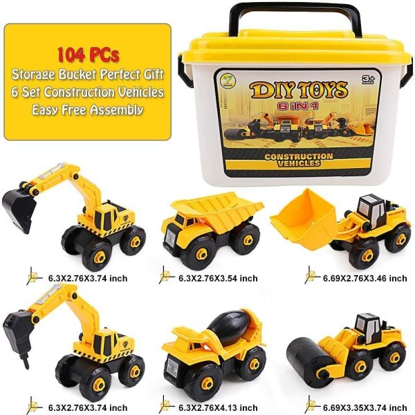 Take Apart Trucks Construction Vehicles Excavators, Set 6 in 1 Toy with Storage Box(Excavator, Bulldozer, Dump Truck, Drilling Truck, Road Roller, Cement Mixer), Play Set for Kids Age 3+