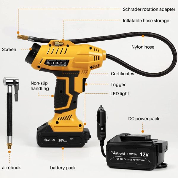 Cordless Tire Inflator Air Compressor 20V Max Rechargeable Battery Powered 160PSI Portable Handheld Air Pump with 12V Car Power Adapter Digital Pressure Gauge for Cars Motorcycles (Yellow) - Image 2