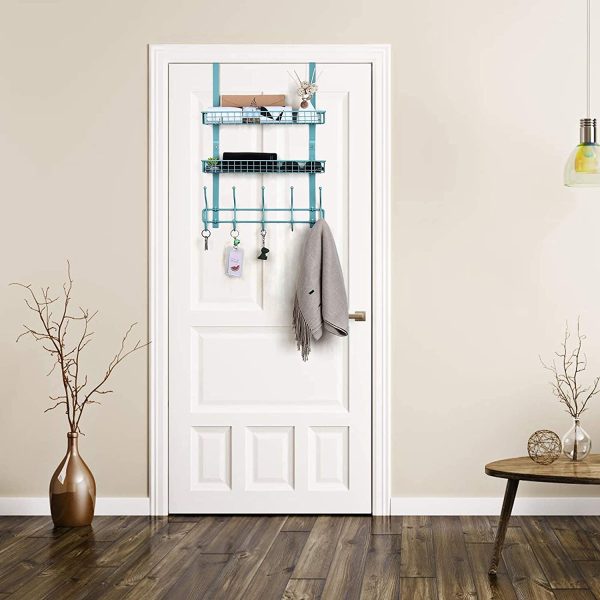 Over The Door Organizer Hanging Storage Shelf with 2 Baskets & 5 Hooks Spice Rack for Kitchen Closet Bathroom Bedroom Pantry - Image 7