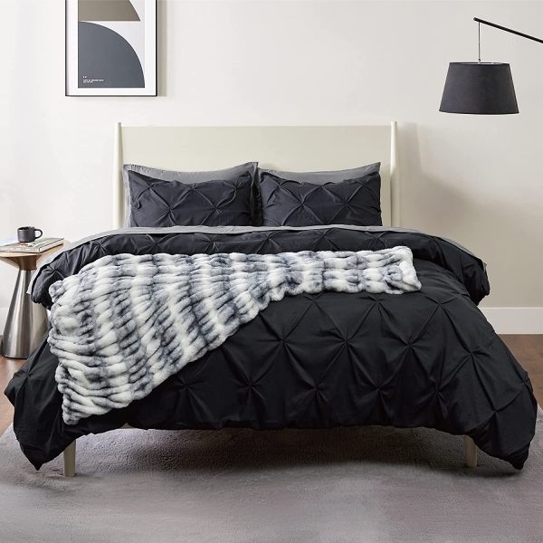 Pintuck King Duvet Cover Black - Soft Pinch Pleated Duvet Cover Set for All Season, 3 Pieces Bedding Set, 8 Corner Ties, 90x104 Inch