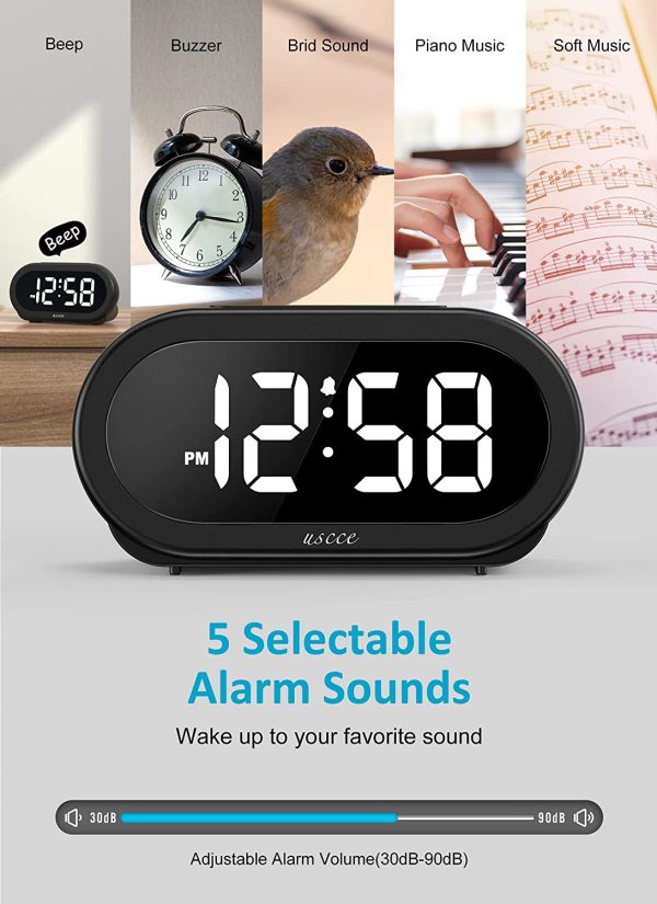 Small LED Digital Alarm Clock with USB Charger, 0-100% Dimmer, 5 Alarm Sounds, Easy to Set, Adjustable Volume, Snooze, 12/24Hr, Battery Backup, Compact Clock for Bedrooms Bedside Heavy Sleepers - Image 6