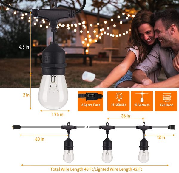 Brightown Outdoor Patio String Lights 48Ft Weatherproof Commercial Grade Hanging Lights with 15 S14 Edison Bulbs, UL Listed Connectable Strand for Backyard Porch Bistro Tent Party, E26 Base, Black - Image 2