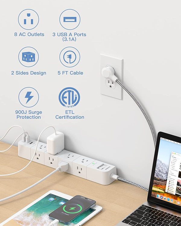 Power Bar Power Strip Surge Protector - 8 Widely AC Outlets 3 USB, 5 ft Extension Cord, Flat Plug, Desktop Charging Station with Overload Protection, Wall Mount for Home, Office, Travel