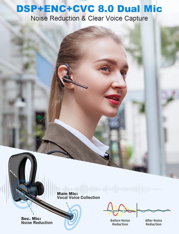 Bluetooth Headset V5.2  24Hrs Talktime Bluetooth Earpiece CVC 8.0 Dual Mic Noise Cancelling Wireless Handsfree Driving Headset with Mic Mute for iPhone/Android/Smartphone/Trucker/Business/Office - Image 2