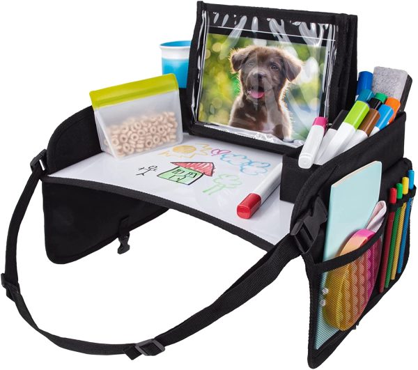 : Kids Travel Tray with Dry Erase Board, No-Drop Tablet Holder, Lap Desk for Traveling with Cup Holder, Snack and Toy Storage Pockets, Fits Airplane and Booster Seats (Black) - Image 3