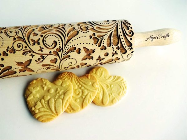 SPRING Embossing Rolling pin. Laser cut embossed dough roller with butterflies hearts flowers. Embossed cookies. Pottery. Birthday gift. Gift for mother - Image 5