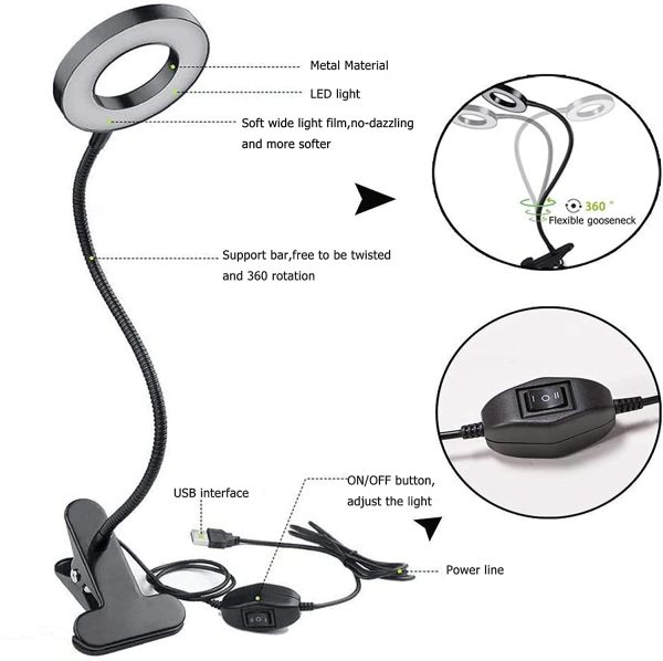 Desk Lamp,LED Clip on Light Reading Lights USB Book Clamp Light with 2 Color Modes Eye Protection Kids Desk Lamp 360 ° Flexible Gooseneck Bed Night Light for Study, Reading, Work, Makeup, Fill Light - Image 2