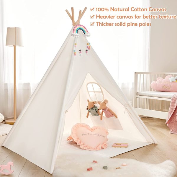 Tiny Land Kids Teepee Tent-Toys for 3,4,5,6 Year Old Girls-Kids Foldable Play Tent with Mat & Light String & Carry Case, White Canvas Teepee Indoor Outdoor Games-Kids Playhouse-Kids Tent - Image 7