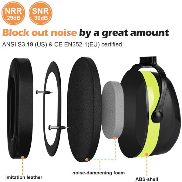 Noise Reduction Safety Ear Muffs SNR 36dB Earmuffs for Ear Hearing Protection, Noise Cancelling Ear Defenders Muff for Adults Kids Shooter Shooting Range Construction -Green - Image 2