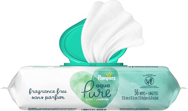 Pampers Baby Wipes, Aqua Pure 1X Pop-Top Water Sensitive Wipes, Hypoallergenic and Fragrance Free, 56 Count (Packaging May Vary) - Image 7