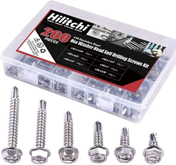 410 Stainless Steel #8 Hex Washer Head Self Drilling Sheet Metal Tek Screws Assortment Kit Set with Drill Point, Self Driller, 200 Pieces - Image 6