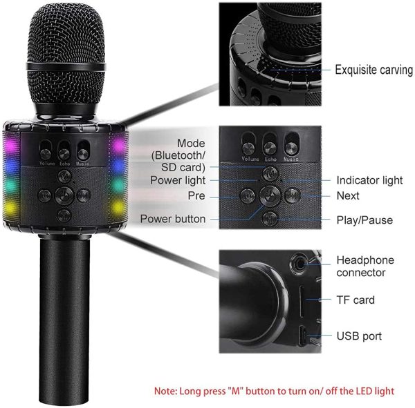 BONAOK Bluetooth Wireless Karaoke Microphone with Controllable LED Lights, Portable Handheld Karaoke Speaker Machine Christmas Birthday Home Party for PC or All Smartphone(Q78Black) - Image 5