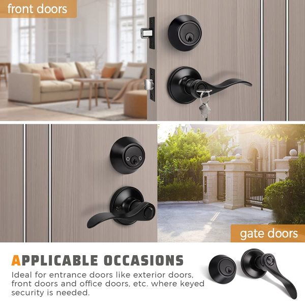 1 Pack Exterior Door Levers Door Lock Set with Double Keyed Deadbolt, Entry Door Handle Set with Deadbolt Lever Door Handle, Matte Black (Keyed Alike) - Image 6