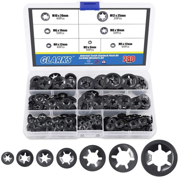 280Pcs Internal Tooth Starlock Push On Locking Washers Speed Clips Fasteners Assortment Kit