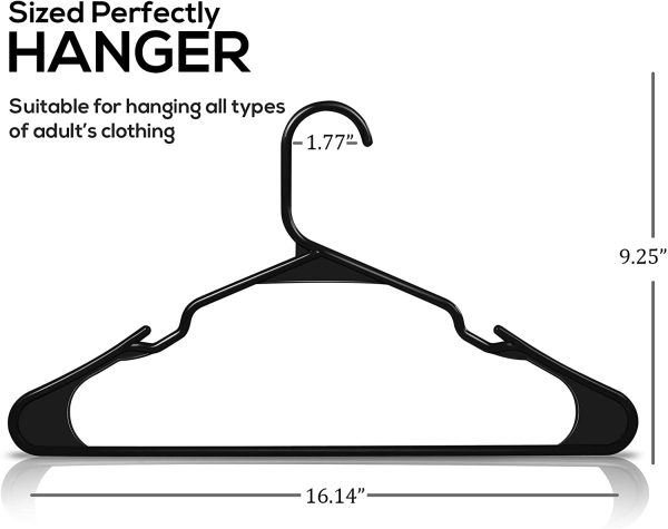 Pack of Plastic Hangers for Clothes - Space Saving Notched Hangers - Durable and Slim - Shoulder Grooves (Black, 50)