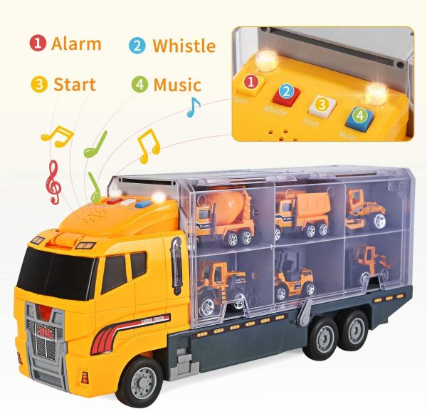 cute stone 25 in 1 Construction Vehicles Trucks Toy Push and Go Car Carrier Truck Toy, Play Vehicles Toy with Sounds and Lights, 12 Mini Diecast Trucks Included - Image 6