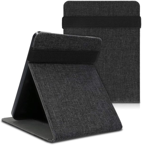 kwmobile Cover Compatible with Kobo Clara HD - Fabric e-Reader Case with Hand Strap and Stand - Fabric Dark Grey - Image 6