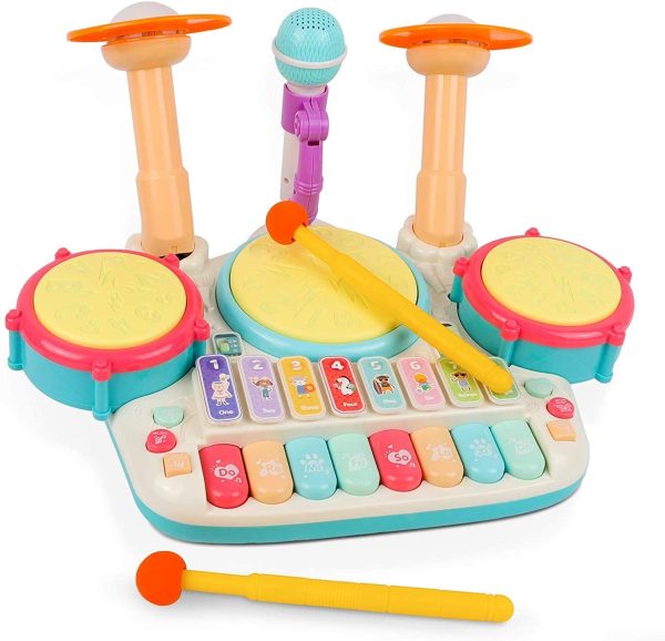 5 in 1 Kids Drum Set, Rabing Kids Piano Electric Musical Instruments Toys with 2 Drum Sticks, Beats Flash Light and Adjustable Microphone, Birthday Gift for 1-12 Years Old Boys and Girls - Image 5