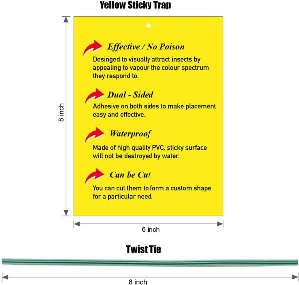 COSCANA, Yellow Sticky Traps with Twist Ties, 20 PCS | for Fungus Gnats, Whiteflies, Aphids, Leaf Miners, Thrips, Ladybug, Gnat, Mosquito, Ant | Flying Insects Sticky Bug Traps | Disposable Glue Traps | 8x6 Inch, Dual-Sided | Indoor & Outdoor (Pack of 20 PCS) - Image 6