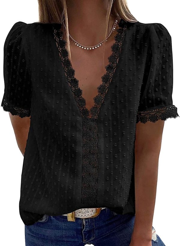 isermeo Womens Summer Tops Short Sleeve Shirts Blouses Vintage Elegant V Neck Polka Dot Tunic S-XXL - Image 4