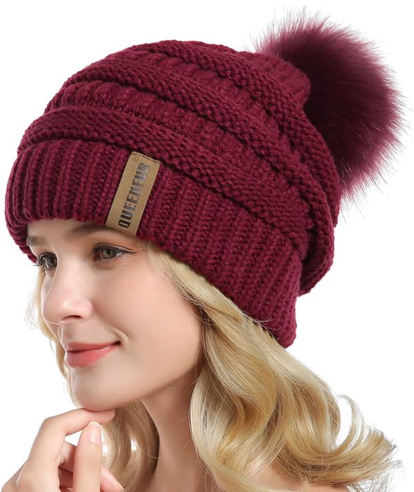 Queenfur Knit Slouchy Beanie for Women Thick Baggy Hat Faux Fur Pompom Winter Hat - Image 4