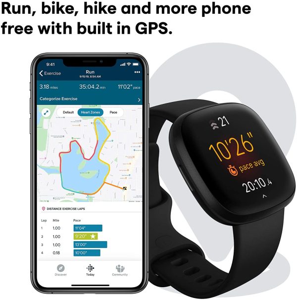 Fitbit Versa 3 Health & Fitness Smartwatch with GPS, 24/7 Heart Rate, Alexa Built-in, 6+ Days Battery, Black/Black Aluminum, One Size (S & L Bands Included)