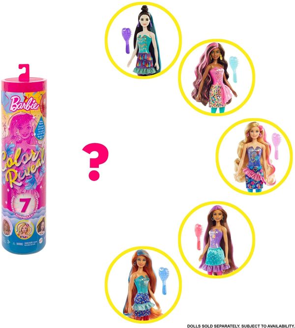 Barbie Color Reveal Doll with 7 Surprises: 4 Bags Contain Skirt, Shoes, Earrings & Brush; Water Reveals Confetti-Print; Doll’s Look & Color Change on Hair & Face; Party Series; 3 Year Olds & Up - Image 4