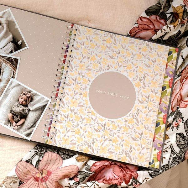 Peachly Minimalist Baby Memory Book For Girls Milestone Keepsake Journal | First Five Years Baby Girl Memory Book | Baby keepsakes First Year Memory Book | Baby Girl Baby Book | Grey Linen Botanica - Image 4