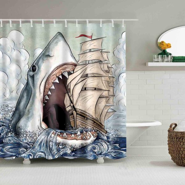 Mantto Big Mouth Shark Shower Curtains Mediterranean Style Marine Life, Bath Fantastic Decorations Waterproof  Fabric Bathroom Shower Curtain Liner with Hooks 72" x 72" (Shark) - Image 2