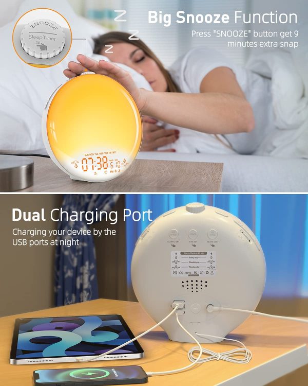 Wake Up Light, Sunrise Alarm Clock for Heavy Sleepers, 6 Colors & 4 Effects Night Light, with Dual Alarms, Sunrise Simulation, Sleep Aid & FM Radio/7 Natural Sounds/Snooze for Kids Adults Bedrooms [2022 New Version] - Image 8