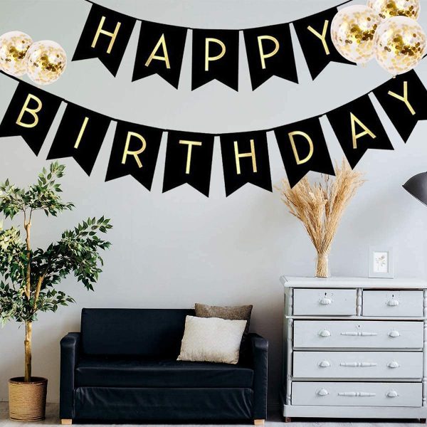 Meowoo Happy Birthday Banner Kit, Happy Birthday Bunting Golden Aluminum Film with  Gold Confetti Latex Balloons Party Decorations for Kids Girls(Black) - Image 3