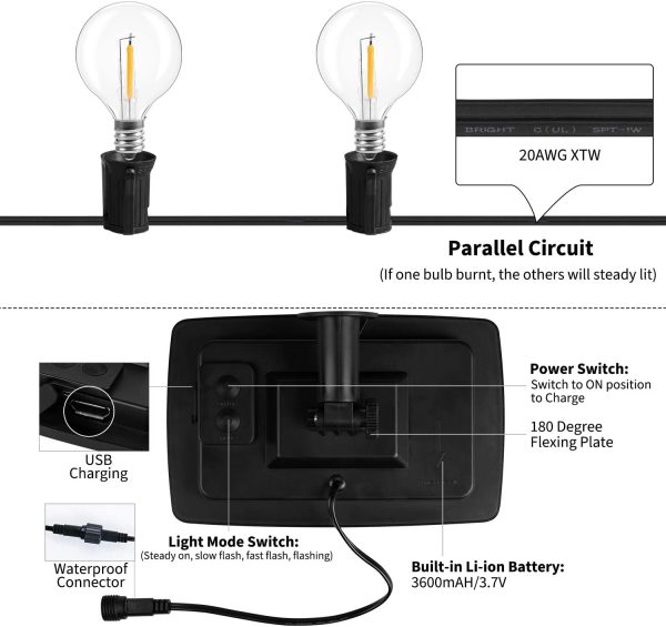 Brightown 29Feet Solar String Lights Outdoor G40 Patio Lights with 25 LED Shatterproof Bulbs, 4 Light Modes, Weatherproof Hanging Lights for Backyard Bistro Pergola Party Decor, E12 Base, 2700K, White - Image 5