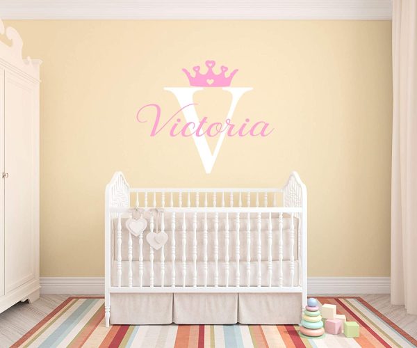 Princess Crown Personalized Name Wall Decal - Custom Girls Initial Name Princess Crown Monogram Sticker Sign Baby Nursery Room Wall Decor