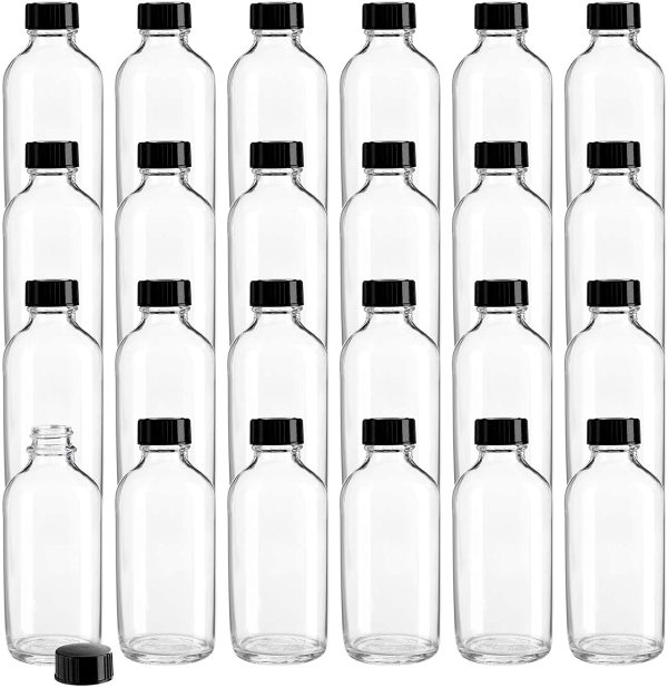 24 Pack Clear Boston Round with Black Poly Cone Cap, 4 oz Clear Glass Bottles Sample Bottles for Potion, Juice, Ginger Shots, Oils, Whiskey, Liquids - Image 3