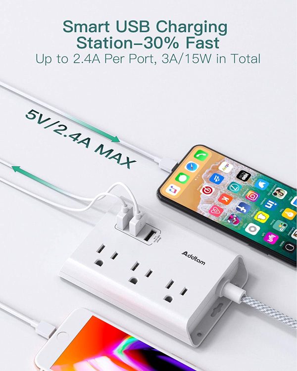 Surge Protector Power Bar,  5 Feet(1.5M) Flat Plug Extension Cord Indoor, Power Strip with 3 Outlets Charger, 3 USB Port, Compact Size Desktop Charging Station Wall Mount for Home, Office, Dorm - Image 5