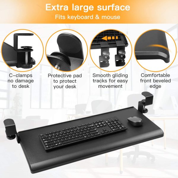 Keyboard Tray Under Desk with C Clamp Large Size, Steady Slide Keyboard Stand, No Screw into Desk, Perfect for Home or Office, 27.5" (32.5" Including Clamps) x 12.2" - Image 5