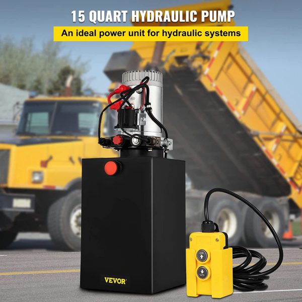 12V/DC Hydraulic Pump 15 Quart/ 3.9 Gallon Double Acting Metal Reservoir Hydraulic Pump Unit Remotely Controlled for Dump Trailer (15 Quart,Double Acting) - Image 4