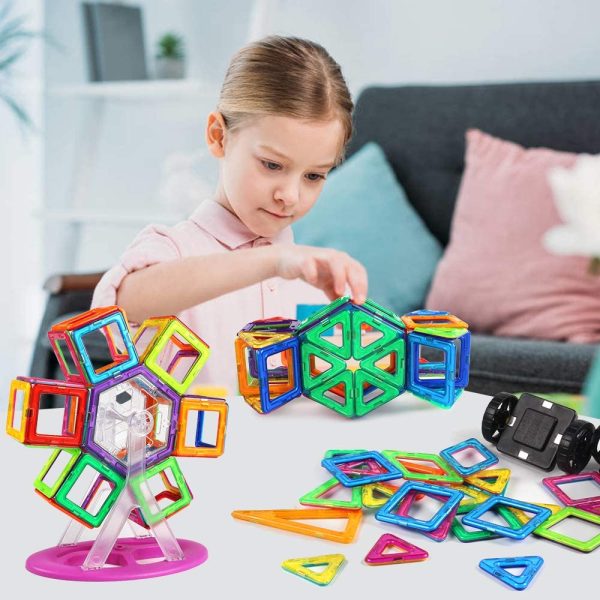 AMOSTING Magnetic Blocks Building Tiles Preschool Educational Construction Stacking Toys for 3 Years Old and Up Toddlers Boys & Girls with Ferris Wheel Stem Set & Car Wheels-100PCS - Image 2