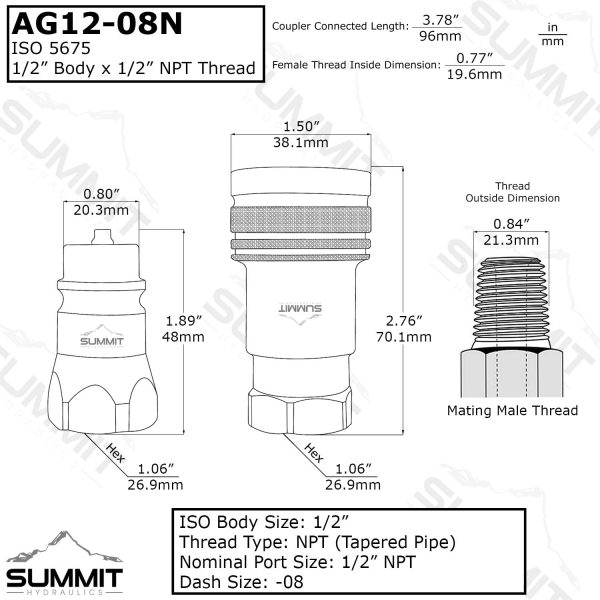 1/2" Ag ISO 5675 Hydraulic Quick Connect Tractor Couplers, Poppet Pioneer Style w/Dust Caps, 2 Sets - Image 2