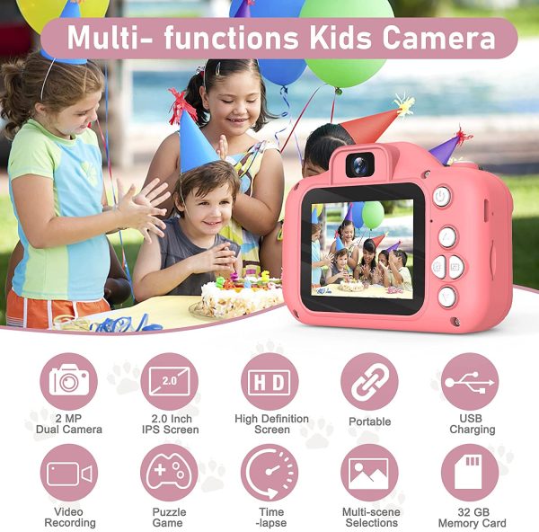 Kids Camera for Girls, 1080P HD Children's Digital Camera Toy, Toddler Selfie Video Camcorder for 3 4 5 6 7 8 9 Years Old with 32GB SD Card for Christmas Birthday Gift -Pink - Image 2