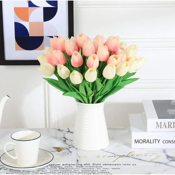 DecoForU 15 Pcs Artificial Flowers Tulips Real Touch Flowers Arrangement for Home Room Office Party Wedding Decoration(Pink) - Image 3